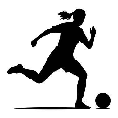 Bir futbol topunu tekmeleyen hareketli bir kadın futbolcunun siyah silueti. Şortu ve tişörtü olan bir üniforma giyiyor ve saçları at kuyruğu şeklinde bağlanmış. Oyuncu, bir bacağı topa doğru uzanan orta adım olarak tasvir edilir ve 