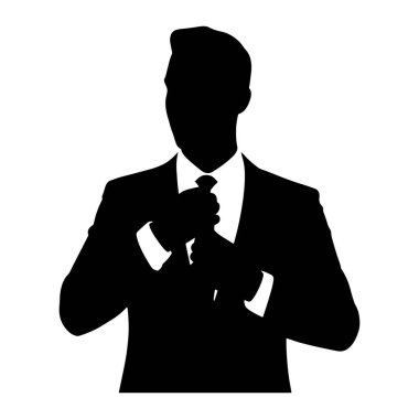 Takım elbise ve kravat takan bir adamın siyah silüeti. O, elleri kravatının düğümünü ayarlarken göğsünden yukarıya doğru tasvir edilir. Arka plan bembeyaz..