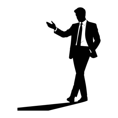 Takım elbiseli ve kravatlı bir adamın siyah silueti bir bacağı önde ve kolu açık, avuç içi açık bir şekilde duruyor, sanki el hareketi yapıyor ya da bir şey gösteriyor gibi. Gölgesi beyaz bir arka planda uzanıyor..