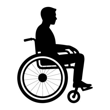 Tekerlekli sandalyede oturan bir adamın siyah silueti beyaz arka planda tasvir edilir. Adam profilden gösteriliyor, sağa bakıyor. Tekerlekli sandalyenin büyük tekerlekleri ve daha küçük ön tekerleri var. Genel görüntü basit, grafik bir gösterim.