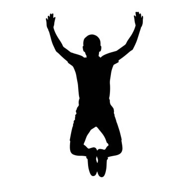 Bir adamın siyah silueti kollarını başının üstüne kaldırarak havada zıplarken yakalanır. O, şort ve bir tişört giyiyor. Bacakları bükülmüş ve ayakları birbirine yakın. Siluet, düz beyaz bir arkaplanda izole edilmiş.,