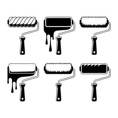 Altı adet siyah beyaz boya silindiri koleksiyonu. Üç rulo düz bir yüzeye sahip, biri desenli, çıkıntılı bir yüzeye sahip, ve ikisi de kabarık, dokulu bir yüzeye sahip. Bigudilerden ikisi damlayan siyah boyayla resmedilmiş.