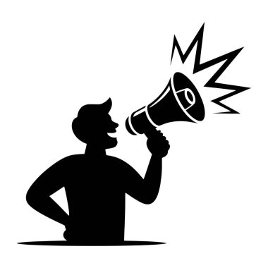 Elinde megafon tutan ve bağıran birinin siyah silueti. Çentikli çizgiler megafondan çıkar, bu da sesi ya da duyuruyu gösterir. Kişi belden yukarısına doğru tasvir edilir, bir eli kalçasında, diğeri ise megafonu...