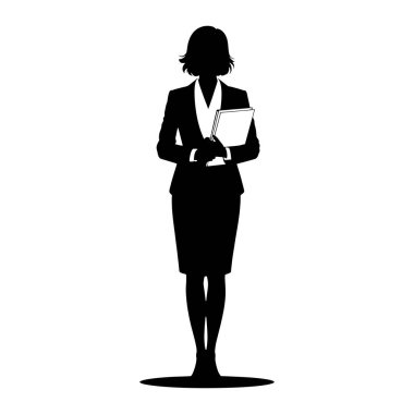 Elinde bir yığın belge ya da belge tutan siyah siluet bir kadın. O, etekli ve yakalı bir bluzla resmi bir iş elbisesi giyiyor. Siluet beyaz bir arkaplanda izole edilmiş..