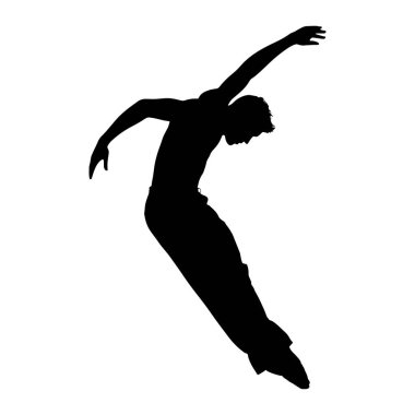 Siyah bir erkek dansçı silueti, beyaz arka planda hareketin ortasında görüntülenir. Dansçı öne doğru eğiliyor, bir kolu yukarı doğru uzanıyor ve diğeri aşağı eğiliyor, dinamik ve anlamlı bir poz oluşturuyor. Vücudu kıvrılmış.