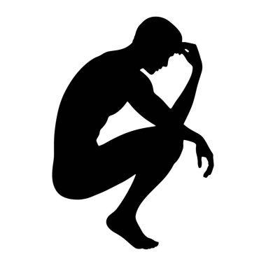 Bir adamın siyah silueti çömelmiş bir pozisyonda tasvir edilir, başı eğik ve bir eli alnında dinlenir. Şekil ve duruşunu vurgulayarak, düz beyaz bir arkaplan karşısında izole edilir. Poz derin düşünceyi çağrıştırıyor, cont