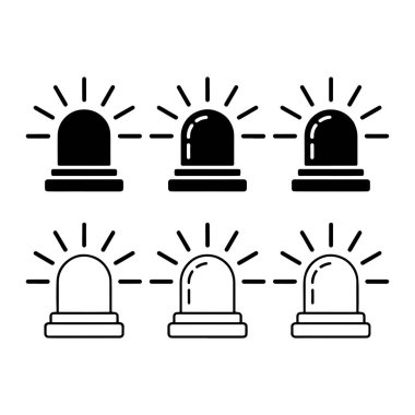 Görüntü, üç satırlık iki sıra halinde sıralanmış altı siren ışığını gösteriyor. Üst satırda üç siyah siren simgesi var, alt satırda ise üç beyaz siren simgesi var. Her sirenin içinde ışıldayan çizgiler olan bir kubbesi var.