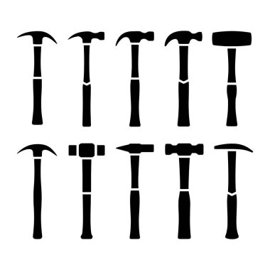 Çeşitli çekiç türlerinden on siyah siluet simgesi ve temiz beyaz arka planda iki sıra halinde dizilmiş bir kazma koleksiyonu. Çekiçler arasında çekiç, çekiç, çekiç, balyoz, çekiç ve çekiç var.