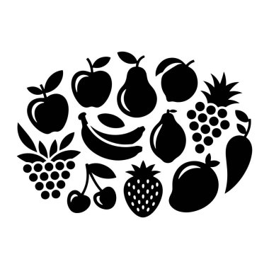 Beyaz arka planda oval bir şekilde sıralanmış çeşitli meyvelerden oluşan siyah siluet simgelerinden oluşan bir koleksiyon. Görünür meyveler arasında yapraklı bir elma, muz, kiraz, üzüm, mango, bir armut, bir ananas ve bir çilek yer alıyor. Tarz basit.