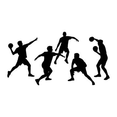 Beş erkek sporcunun silueti bir top oyununa dahil oldu. Soldaki sporculardan biri, sağ elinde bir topla orta sahada. Merkezdeki diğer bir atlet kollarını açmış koşuyor, muhtemelen topa doğru kaçıyor ya da uzanıyor. İki...