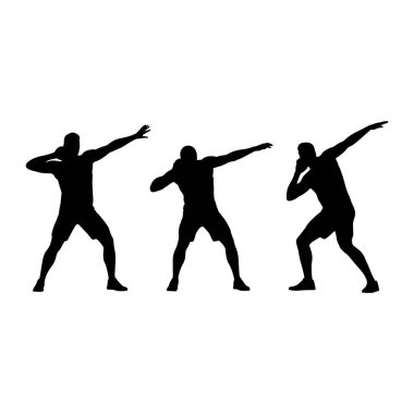 Üç siyah erkek sporcu silueti dinamik pozlarda, her biri atış yapmaya hazırlanıyor. Atletik yapılarını ve sporun hareketini gösteren beyaz bir arkaplanda tasvir ediliyorlar. Rakamlar soldan sağa doğru yerleştirilmiş.