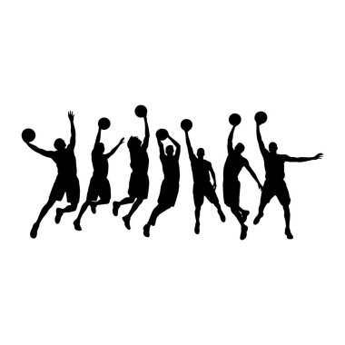 Zıplayan yedi basketbolcudan oluşan siyah bir siluet her biri bir basketbol topuyla poz verir. Oyuncular havada tasvir ediliyor, kolları havada ve vücutları dinamik hareketlerle, bir oyun veya antrenman oturumu öneriyor. Arkaplan düz beyaz.