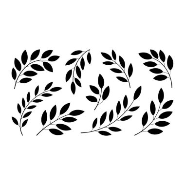 Yapraklarla süslenmiş botanik dalların siyah siluetleri. Dallar, temiz beyaz bir arkaplan karşısında çeşitli düzenleme ve yönelimlerde tasvir edilir, basit ama zarif bir doğal motif oluşturur..