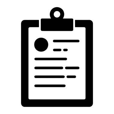 Üzerinde belge olan siyah bir pano simgesi. Belgede sol tarafta dairesel bir element, ardından metin veya veriyi temsil eden birkaç yatay çizgi yer alıyor. Panonun üstü yuvarlak, klipsli ve sarkık bir ilmekli. Üstü...