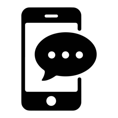 Konuşma baloncuğu kaplamalı akıllı telefon tasvir eden siyah bir simge. Konuşma baloncuğu, devam eden bir mesaj veya bildirimi gösteren üç beyaz nokta içeriyor. Akıllı telefon dikey olarak Yuvarlak bir üst ve alt ve dairesel bir düğme t ile gösterilir