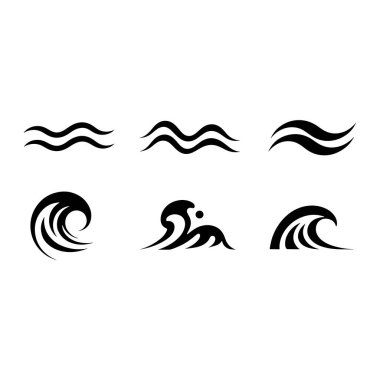 Beyaz bir arkaplanda altı şekillendirilmiş siyah dalga grafiklerinden oluşan bir koleksiyon. Üst satırda akış çizgileri olan üç soyut dalga deseni var. Alt satırda üç tane daha ayrıntılı dalga dizaynı var, bir kıvrım dalgası, dairesel e ile bir dalga.