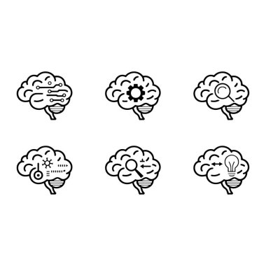 İnsan beynini tasvir eden altı adet siyah beyaz simge koleksiyonu. Her beyin ikonu devre kartı hatları, bir dişli, bir büyüteç, veri çubukları olan virüs benzeri bir sembol gibi farklı teknolojik veya bilimsel elementleri içerir. 