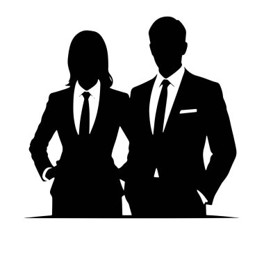 Yanyana duran bir adam ve bir kadının siyah silueti. İkisi de resmi takım elbiseli ve kravatlı. Kadının elleri cebinde, ve adamın elleri de cebinde geziyor. Arkaplan beyaz, açık bir eş yaratıyor.