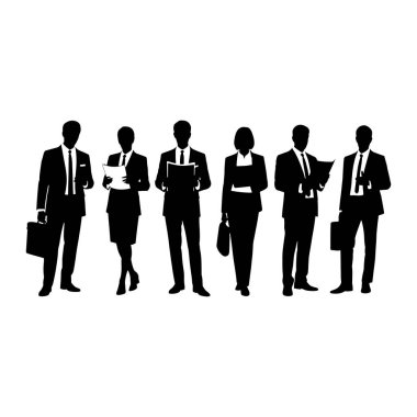 Bir grup iş adamı beyaz arka planda siyah siluetler olarak tasvir ediliyor. Takım elbiseler ve kravatlar da dahil hepsi resmi giyinmiş. Bazıları, bir iş toplantısı veya tartışma önerisi içeren belgeler veya çantalar tutuyor.
