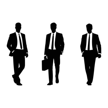 Resmi iş kıyafeti giymiş üç siyah siluet beyaz arka planda duruyor. Rakamlar belden yukarısı, takım elbiseler, yakalı gömlekler ve kravatlar şeklinde tasvir ediliyor. Soldaki figürün cebinde bir el var ve hafifçe açılı.. 