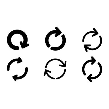 Beyaz arkaplanda altı adet siyah dairesel ok simgesi koleksiyonu. Simgeler dizaynlarında ve kalınlıklarında biraz değişiklik gösterseler de, hepsi döngüsel veya tekrarlayan bir hareketi temsil eder. Üç sıra halinde iki sıra halinde dizilirler..