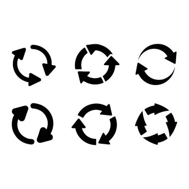 Beyaz arka planda altı siyah dairesel ok sembolü koleksiyonu. Semboller dairesel veya döngüsel bir hareket oluşturan çeşitli ok düzenlerini tasvir ediyor. Kimisi iki oktan oluşurken, kimisi tuvalette sıralanmış üç ya da dört oktan oluşur.