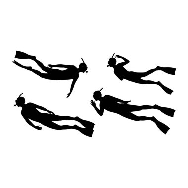 Suyun altında yüzen dört siyah insan silueti. Herkes şnorkel ve maske takıyor ve yüzgeçleri var. Çeşitli yüzme pozlarında tasvir edilirler. Bu da suda hareket ve hareketlilik olduğunu gösterir. Arkaplan düz beyaz.