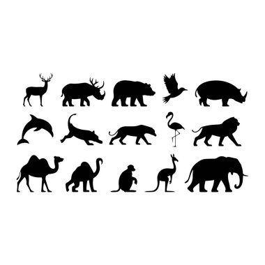 Beyaz arka plana karşı siyah hayvan siluetleri koleksiyonu. Siluetler arasında bir geyik, gergedan, ayı, uçan bir kuş, bir yunus, bir kaplan, bir flamingo, bir aslan, bir deve, bir maymun, bir kanguru ve bir fil yer alıyor. Hayvanlar destansı