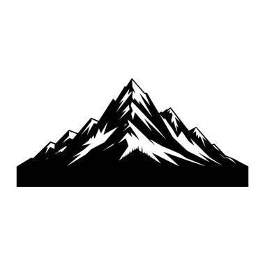 Beyaz bir arkaplana karşı bir dağ siluetinin stilize edilmiş siyah silueti. Dağlarda keskin, sivri tepeler ve üs boyunca yoğun bir orman silueti yer alıyor. Siyah ve beyaz arasındaki zıtlık grafik ve cesur bir temsil oluşturur. 