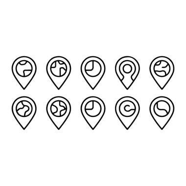 Konum lokasyonlarını tasvir eden 10 adet siyah taslak simge. Her iğne dairesel alanı içinde farklı bir soyut ya da küresel tasarım içeriyor. Simgeler beş sıra halinde iki sıra halinde dizilir..