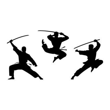 Üç siyah dövüş sanatçısı silueti dinamik pozlarda, her biri bir kılıç tutuyor. Rakamlar eylemin ortasında gösteriliyor, bu da bir dövüş ya da yetenek göstergesi olduğunu gösteriyor. Arkaplan düz beyaz, figürleri vurguluyor..