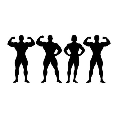 Beyaz arka planda dört atletik figürden oluşan siyah bir siluet sergileniyor. Rakamlar yan yana yerleştirilirken, üçü erkek vücutgeliştirici, biri de kadın vücut geliştirici gibi görünüyor. Erkek figürlerinden ikisi esnek.