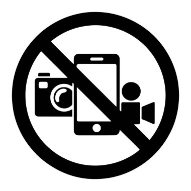 Kamerayı, akıllı telefonu ve video kamerayı gösteren siyah ve beyaz bir yasak levhası. Hepsi bir daire içinde çapraz bir çizgiyle çizilmiş. Tabela, fotoğraf, video ve cep telefonu kullanımının yasak olduğunu gösteriyor..