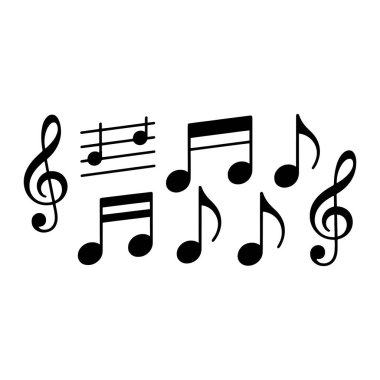 Beyaz arka planda siyah notalar ve semboller koleksiyonu. Görüntü, notaları, sekizinci notaları ve onaltıncı notaları olan bir müzik ekibinin bir bölümü olan iki tane üç tuşlu anahtarı içeriyor. Elementler dağınık bir desen oluşturarak bir Visua oluşturur.