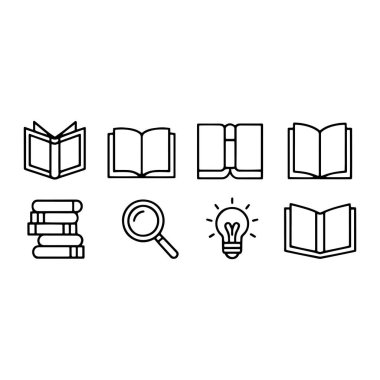 Beyaz arkaplanda basit siyah çizgi simgelerinden oluşan bir koleksiyon. İkonlar, önden bakıldığında açık bir kitap, yandan bakıldığında açık bir kitap, dört kitap yığını, bir büyüteç ve ışık saçan bir ampul tasvir ediyor..