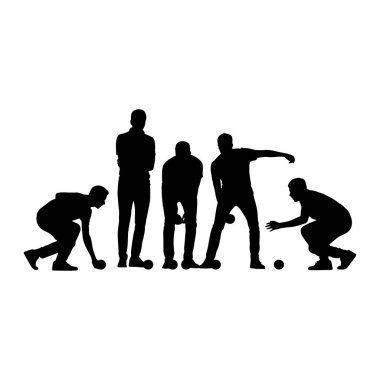 Beş kişilik bir grup siluette bocce topu oynarken resmediliyor. Bireylerden dördü aktif olarak oyunda yer alırken, ikisi çömelmiş bir pozisyonda bir topu yuvarlamaya veya fırlatmaya hazırlanırken, ikisi ayakta duruyor. Bir kişi ayakta duruyor.