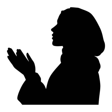 Profilde siyah bir siluet. Yüzü sola dönük, elleri açık ve avuçları yukarı bakıyor. Başı örtülü ve yüksek yakalı bir elbise giyiyor gibi görünüyor. Silüet düz beyaz bir arkaplan üzerine kurulur.