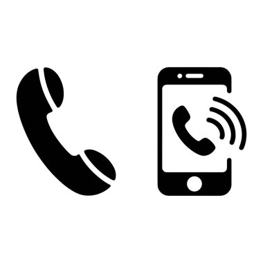Solda klasik bir telefon ahizesinin siyah bir simgesi gösteriliyor. Sağda, akıllı telefonun siyah bir simgesi, gelen bir çağrıyı işaret eden, dalgalı bir cep telefonu sembolü sergiliyor. Her iki simge beyaz bir arkaplan karşı ayarlanır.
