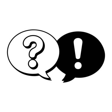Beyaz arka planda iki konuşma balonu yan yana gösteriliyor. Sol baloncuk siyahla çizilmiş ve siyah bir soru işareti içeriyor. Sağ baloncuk simsiyah ve beyaz bir ünlem işareti içeriyor. Kabarcıklar etkileşime giriyor gibi görünüyor.