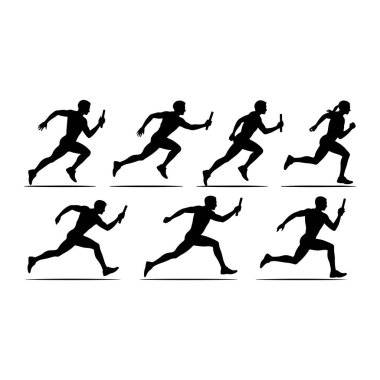 Bayrak yarışında koşan yedi sporcunun siluetleri, bayrak sopasıyla birlikte. Rakamlar, hareketin ve atletik çabanın dinamik duruşlarını gösteren beyaz bir arka plana karşı siyahla betimleniyor. Sahne bir pistin ve alanın özünü yakalıyor.