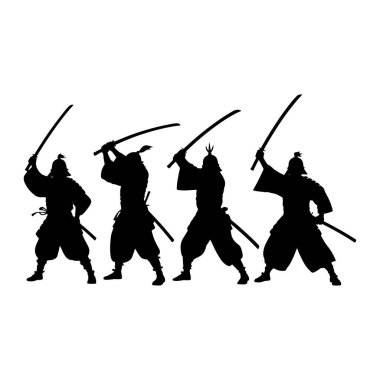 Siyah bir siluet, dört samuray savaşçısını tasvir ediyor. Her birinin kafasının üstünde bir katana kılıcı var. Geleneksel samuray kıyafetleri giyiyorlar. Miğferler ve bol pantolon da dahil. Rakamlar pozitif.