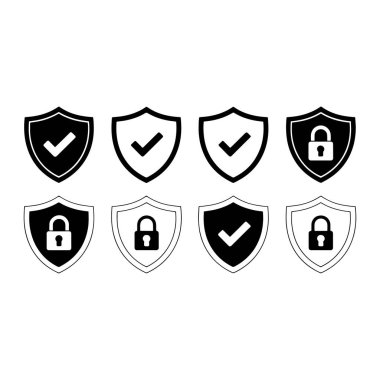 Dört sıra halinde dizilmiş sekiz kalkan ikonundan oluşan bir koleksiyon. Kalkanlar siyah ve beyazdır, bazıları siyah ve diğerleri de beyaz arka planda siyah renktedir. Kalkanların dördünde beyaz bir işaret var. Onaylandı. 