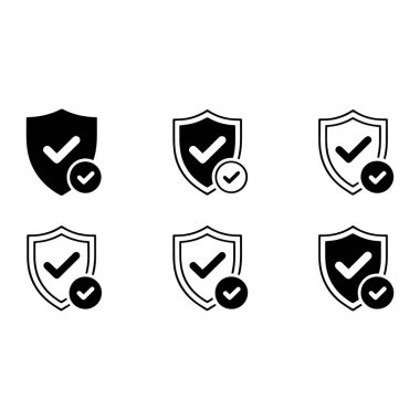 Beyaz arka planda altı siyah ikondan oluşan bir koleksiyon. Her simge içinde belirgin bir kontrol işareti olan bir kalkan şeklini içeriyor. Kalkanın altında ve hafifçe sağında, küçük bir daire var, yine bir kontrol işareti içeriyor. Simgeler biraz farklılık gösterir