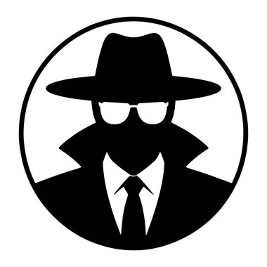 Siyah ve beyaz bir grafik ikonu fötr şapka, gözlük takan bir adamın siluetini, öne çıkan bir yaka ve kravat takan bir takım elbise ceketini tasvir eder. Şekil siyah bir çemberin içinde beyaz bir arkaplan ile çevrilidir. Tarz minimalist ve grafiksel.