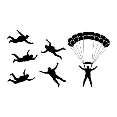Bir grup siyah siluet, atlayışın çeşitli aşamalarında paraşütçüleri resmediyor. Beş paraşütçü serbest düşüşte, kolları ve bacakları dinamik pozlarda açılır. Bir paraşütçü, kolları açık bir paraşütle inerken görülüyor. Arkaplan