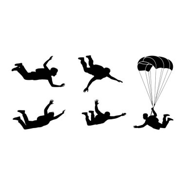 Çeşitli serbest düşüş pozisyonlarında paraşütçüleri tasvir eden siyah siluet koleksiyonu. Bir paraşütçü açık bir paraşütle iniyor. Rakamlar beyaz bir arkaplan karşısında izole edilmiş, bu da katılımcıların dinamik pozlarını gösteriyor. 
