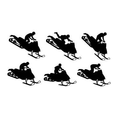 Bu resim, beyaz bir arkaplana karşı çeşitli dinamik pozlarda binicileri olan altı adet siyah kar motosikleti siluetini gösteriyor. Kar araçları, hareketli ve dublörleri işaret eden hareketlerin ortasında tasvir ediliyor. Sürücüler eğiliyor, zıplıyor ve manevra yapıyor.