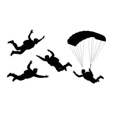 Siyah bir siluet, beyaz arka planda havada dört paraşütçüyü resmediyor. Üç paraşütçü serbest düşüşte, vücutları açılı ve uzuvları dinamik pozlarda uzanıyor. Dördüncü paraşütçü açık bir paraşütün altında, C hatları var.