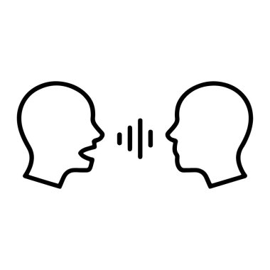 Siyah ana hatlı bir ikon, birbirine bakan iki insan profili tasvir ediyor. Kafalar arasında, çeşitli yüksekliklerden oluşan bir dizi dikey çizgi, iletişim ya da konuşmayı işaret eden ses dalgalarını temsil eder. Arkaplan beyaz.