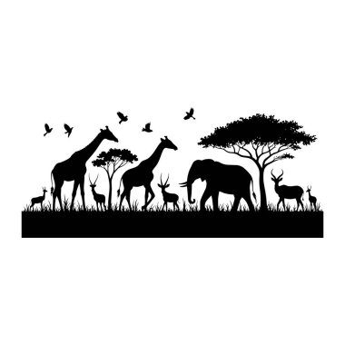 Siyah bir siluet, beyaz bir arkaplan üzerinde Afrika savanası sahnesi tasvir eder. Sahnede çok sayıda zürafa, bir fil ve çimlerin üzerinde duran antiloplar yer alıyor. Yapraklı ağaçlar tüm araziye dağılmış durumda ve birkaç kuş da...